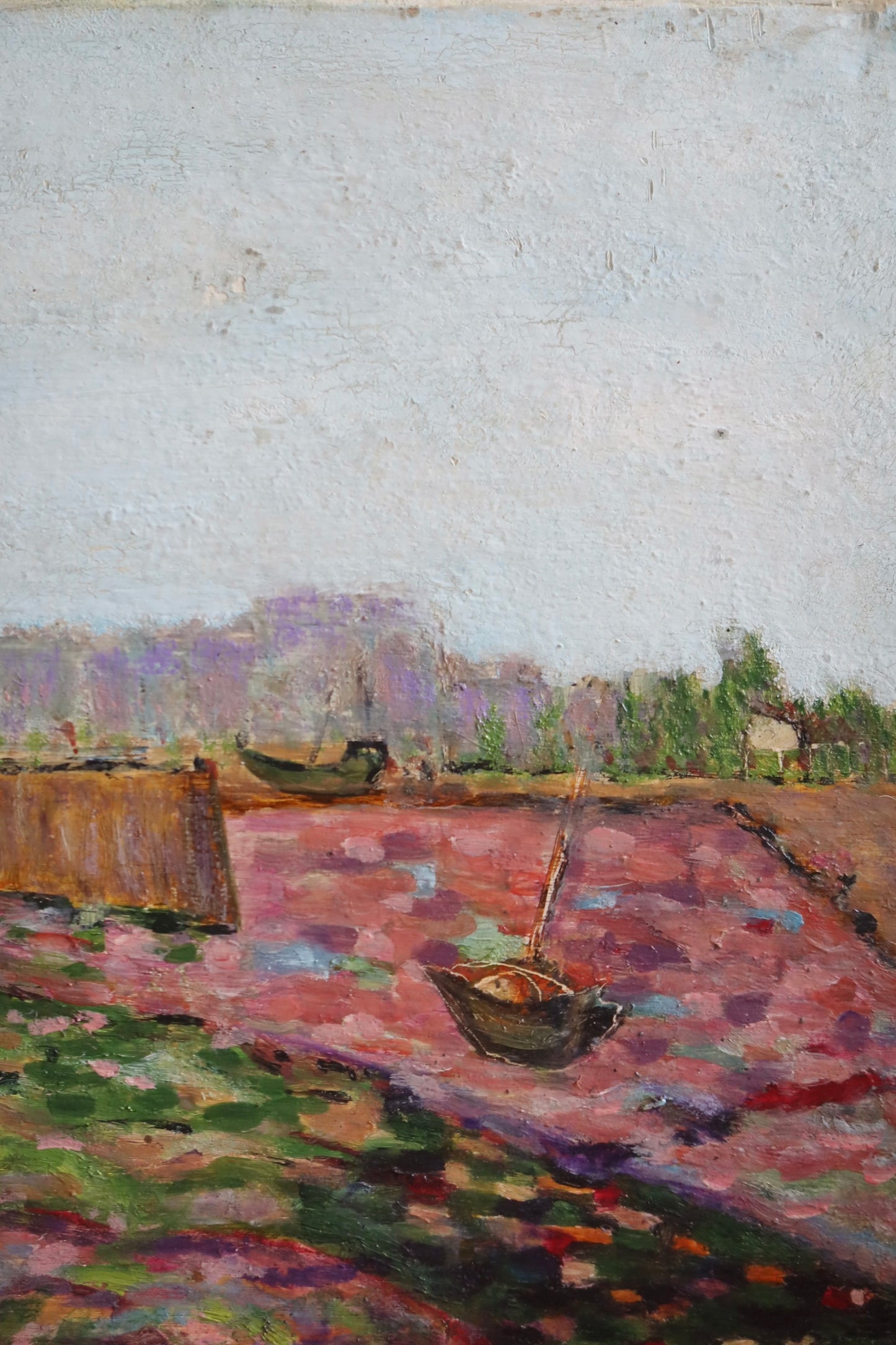 Original French impressionist Oil Painting on Board Boat Scene