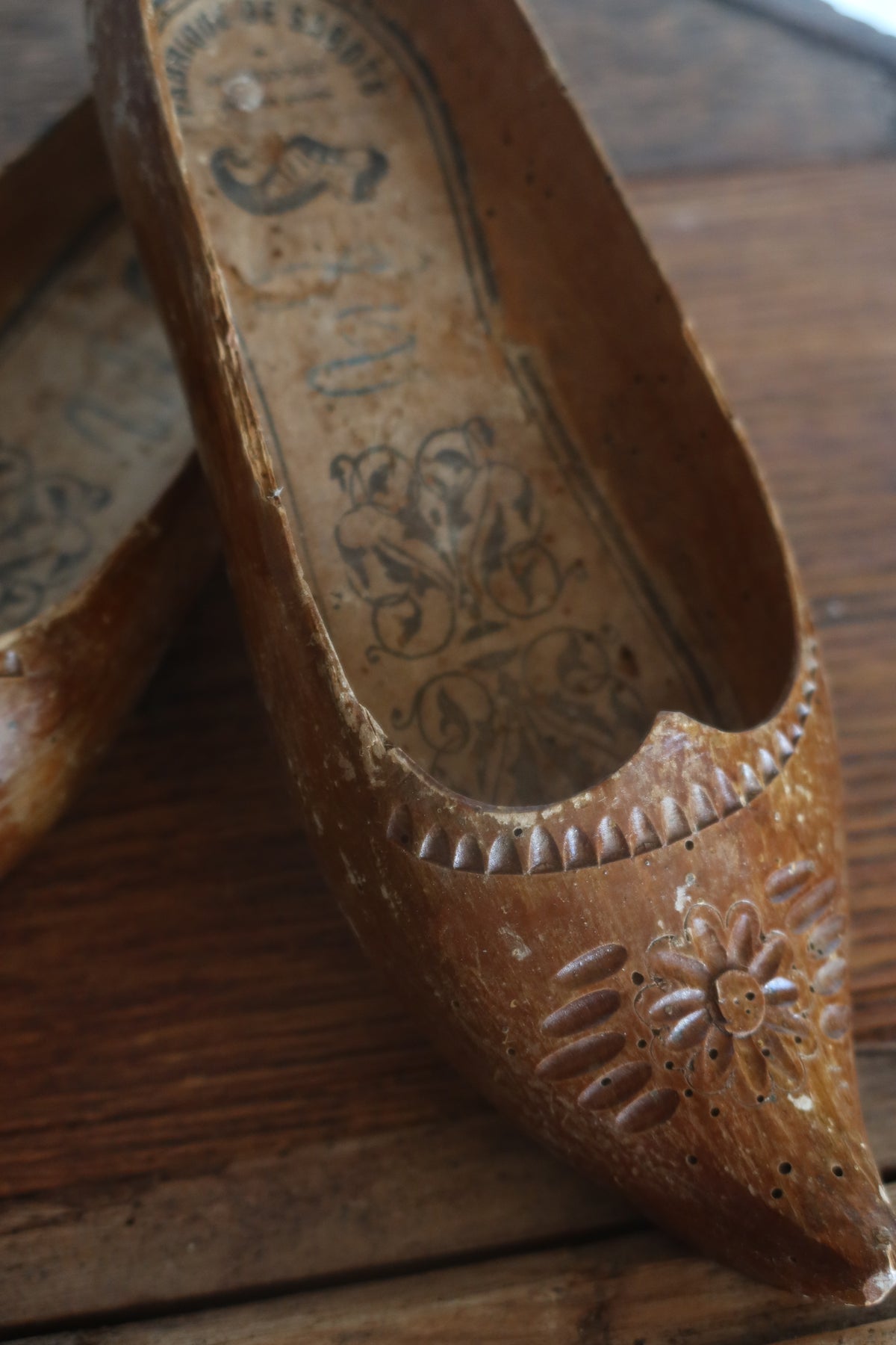 French antique hand carved clogs