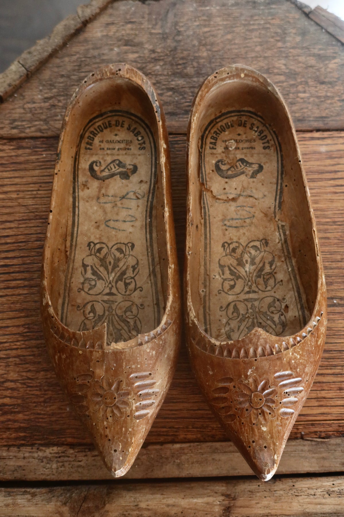 French antique hand carved clogs