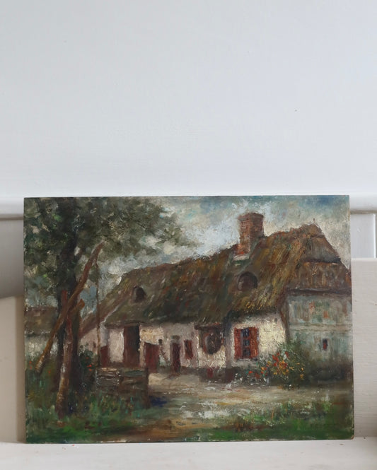 Original French Antique Oil Painting on Board Cottage Countryside scene
