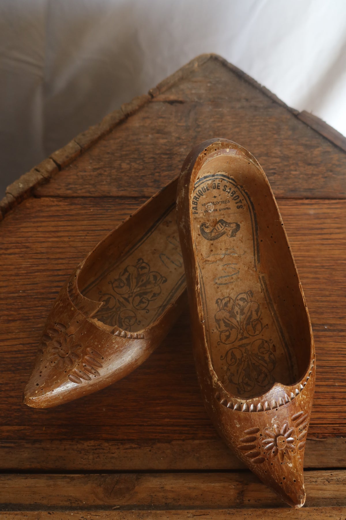 French antique hand carved clogs