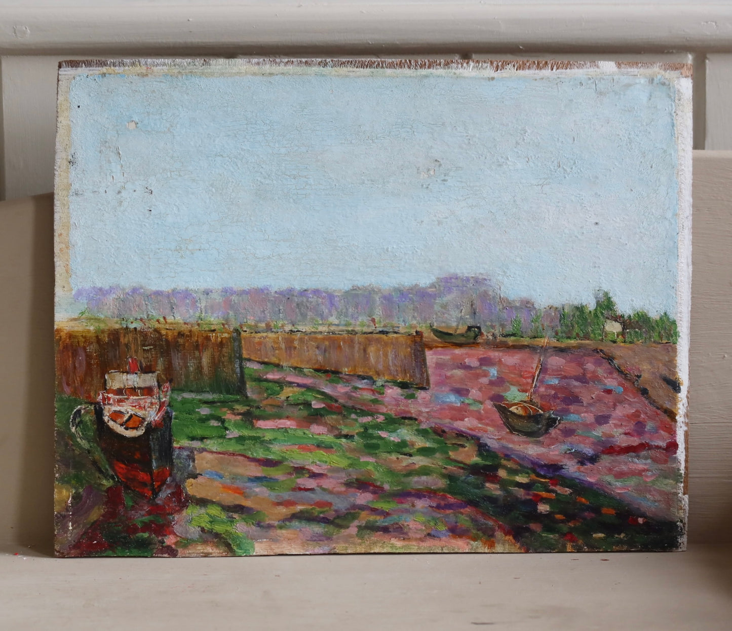 Original French impressionist Oil Painting on Board Boat Scene
