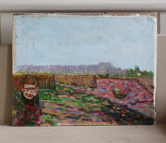 Original French impressionist Oil Painting on Board Boat Scene