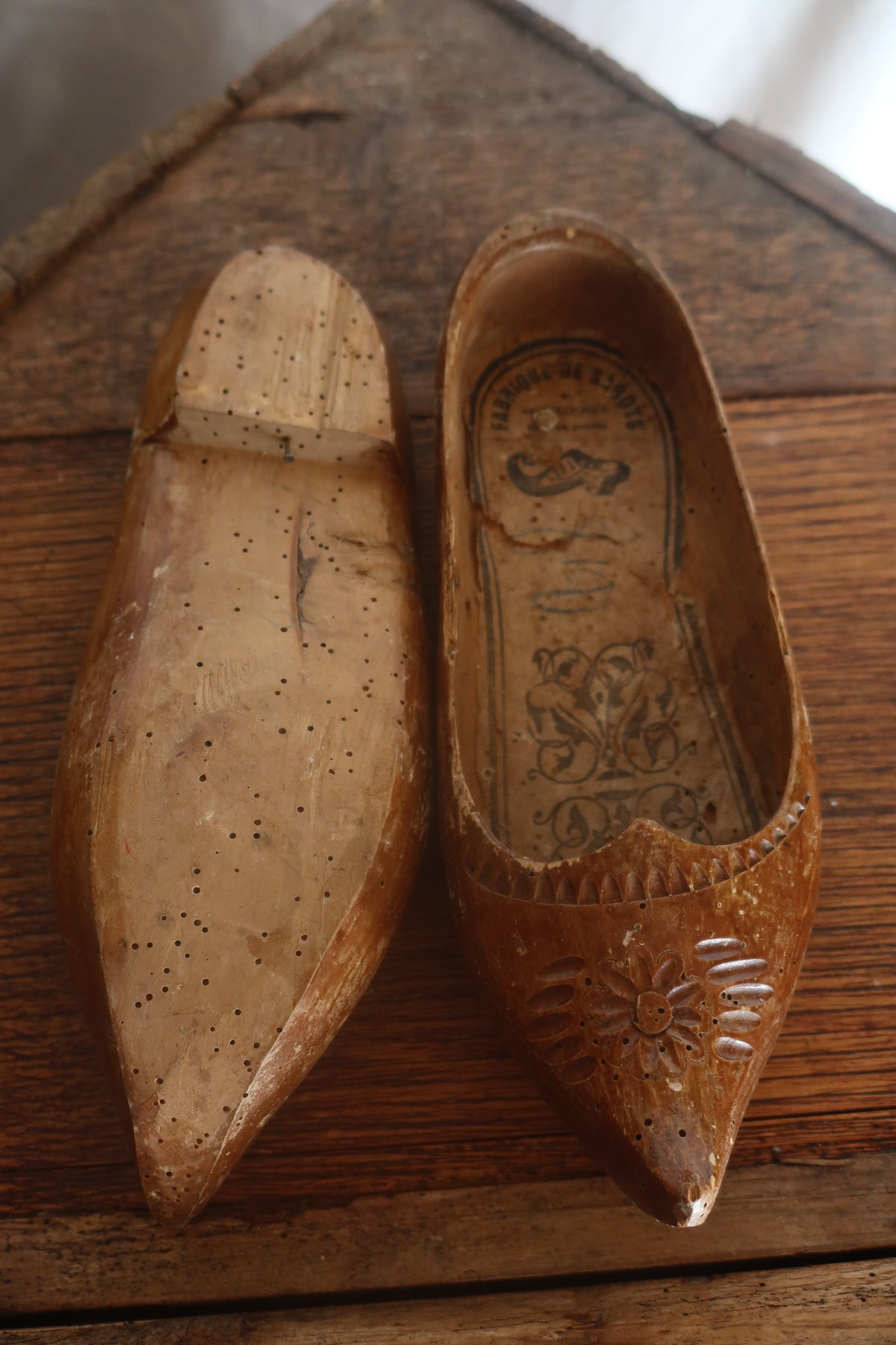 French antique hand carved clogs