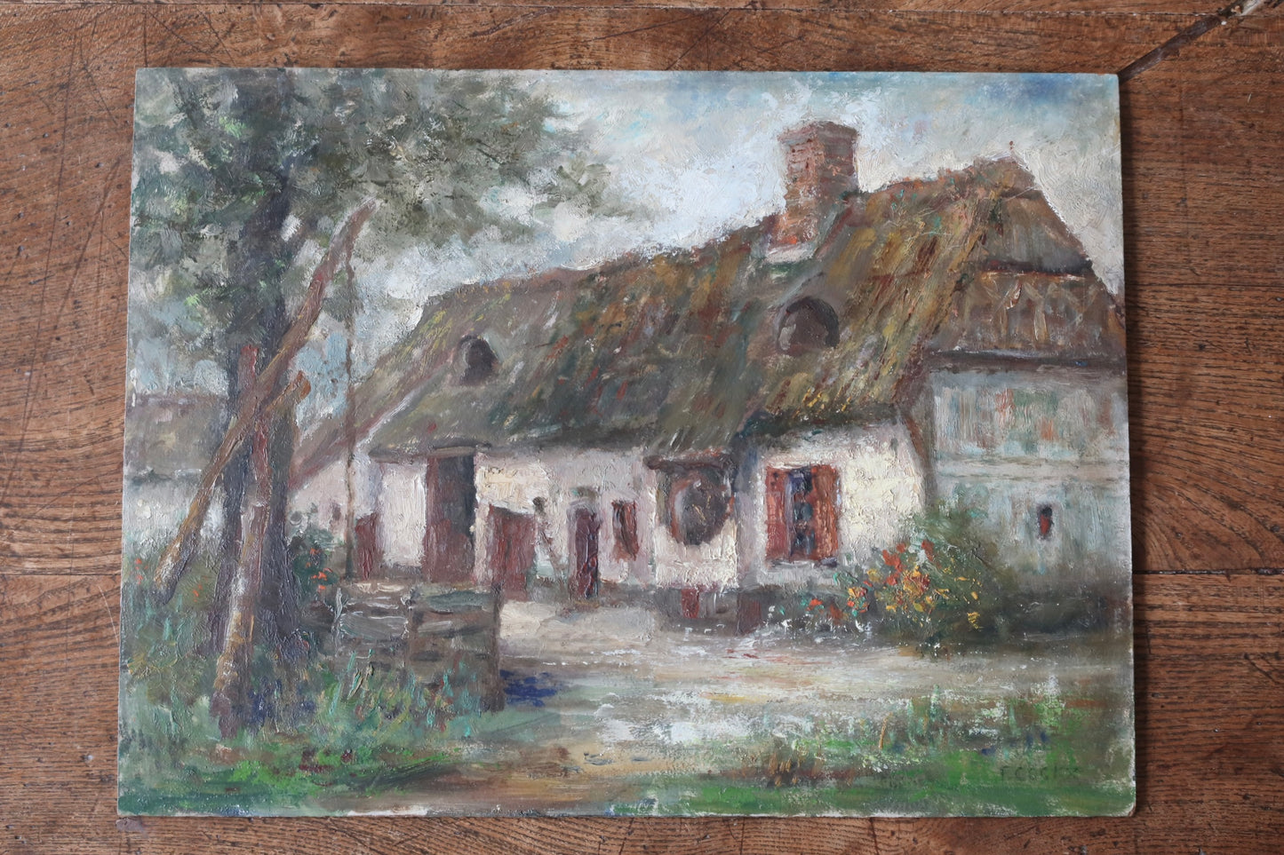 Original French Antique Oil Painting on Board Cottage Countryside scene