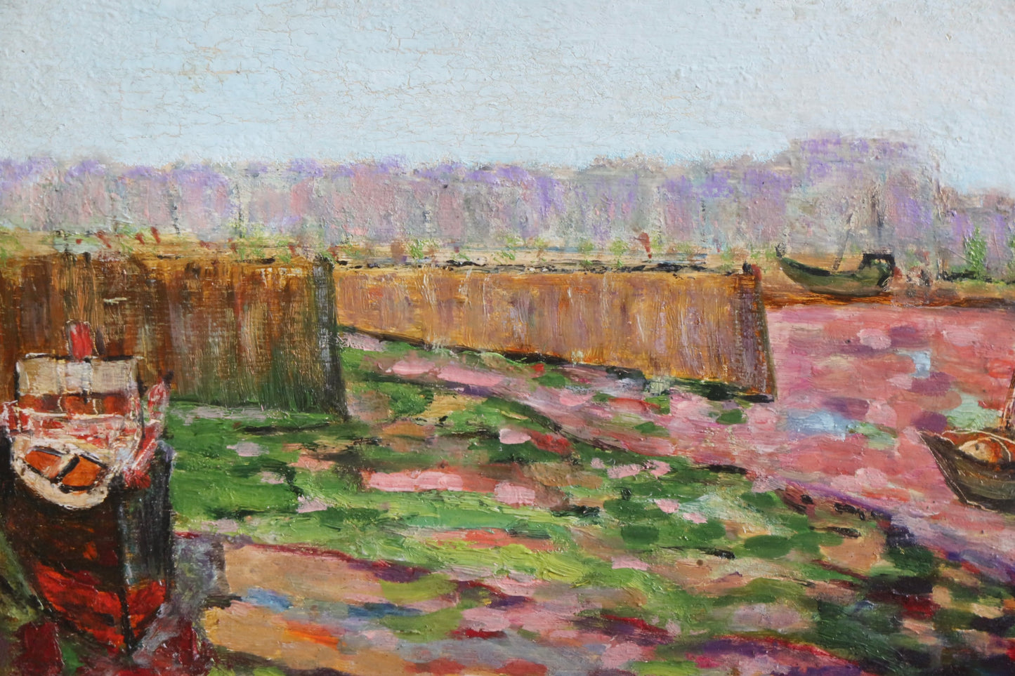 Original French impressionist Oil Painting on Board Boat Scene